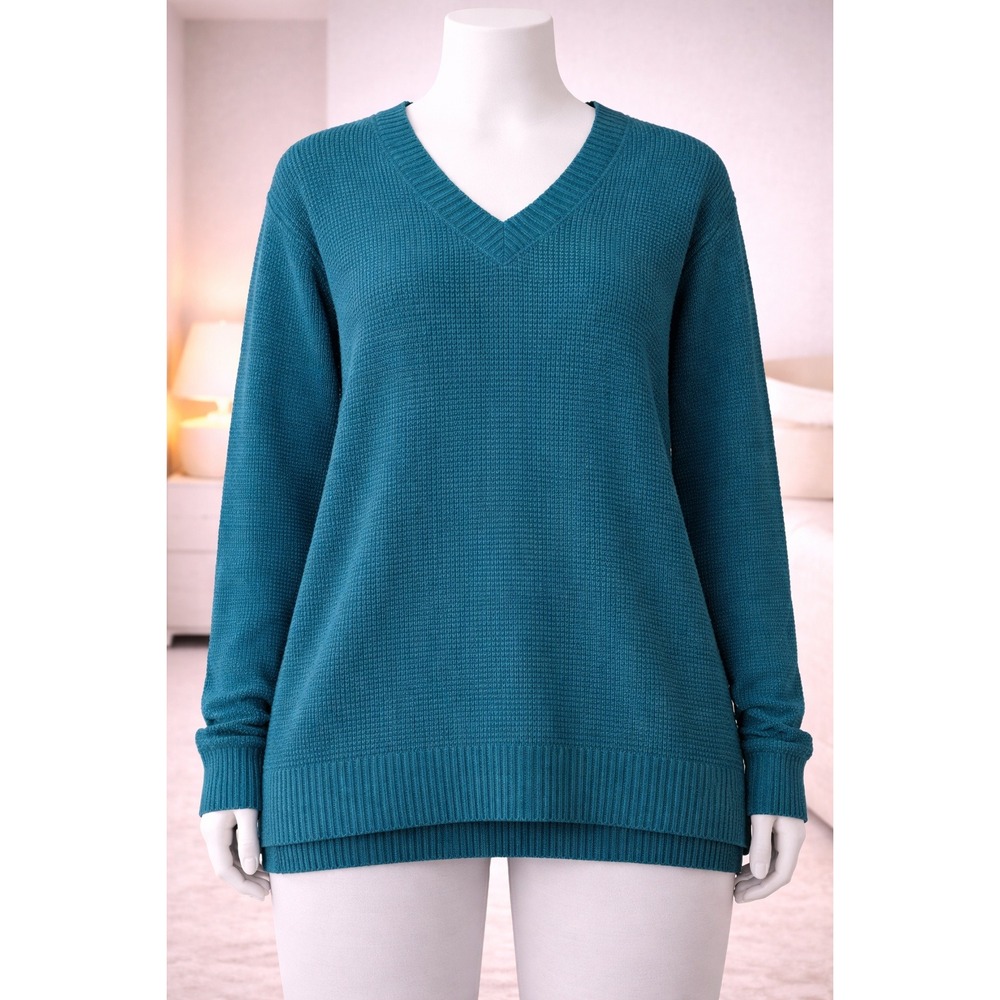 Denim & Co Teal Blue Waffle Knit V-Neck Pullover Sweater Womens Plus 1X